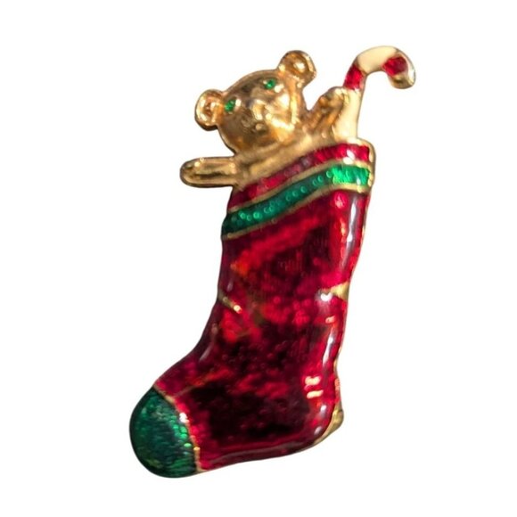 Vintage Christmas Bear In Stocking Red & Green Enamel Gold-Tone Brooch Pin - Picture 1 of 6